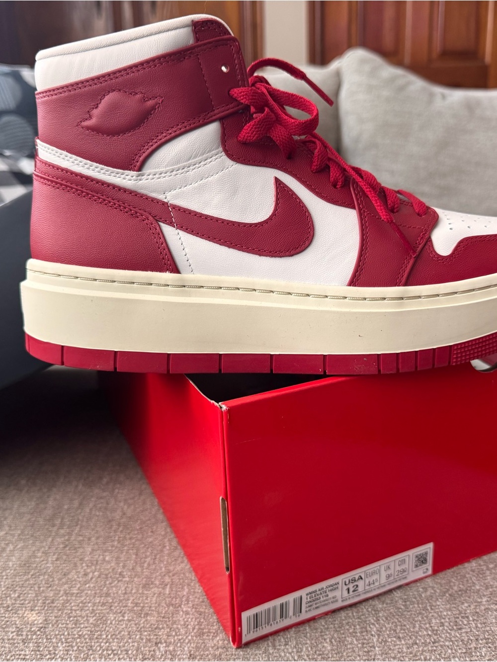 Nike Women’s Air Jordan 1 Elevate Red and White High-Top Platform Sneakers